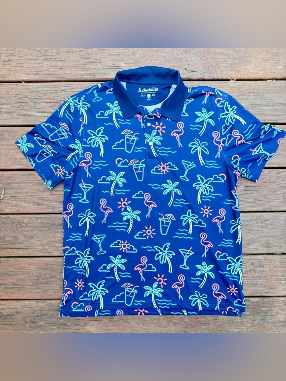 Chubbies Polo Shirt Mens XL Blue Tropical Flamingo Palm Tree Print Stretch Golf